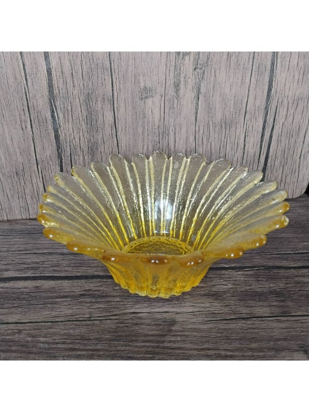 Vintage Blenko Glass Daisy Bowl 847S Topaz Yellow Gold Sunflower Petal Bowl 7"